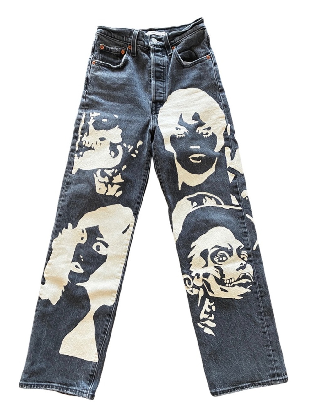 Custom Art Denim Levi’s Ribcage Black Straight Leg Jeans One of a Kind W24